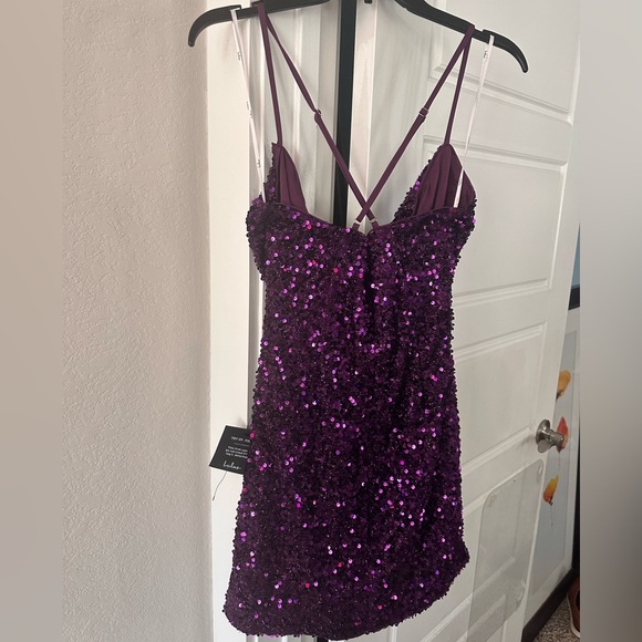 A Lulus Chance to Shine Purple Sequin Faux-Wrap Bodycon Mini Dress. - Picture 4 of 5